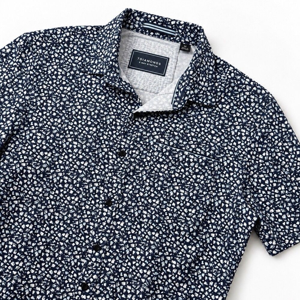 7 Diamonds Brushstroke Shirt Navy Abstract 4-Way Stretch Performance Men's M